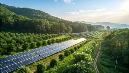 Renewable Energy Harmony Solar Panels Nestled Among Lush Greenery offering a Sustainable Future Captured in Wide Angle