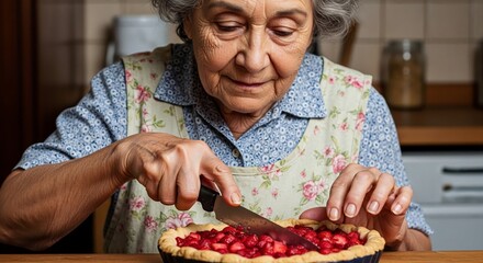 Senior Woman Slicing Fresh Strawberry Pie in Kitchen for Baking Dessert