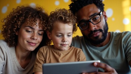 candid, close-up photograph featuring family of three (mom, dad and kid) closely gathered around a tablet.