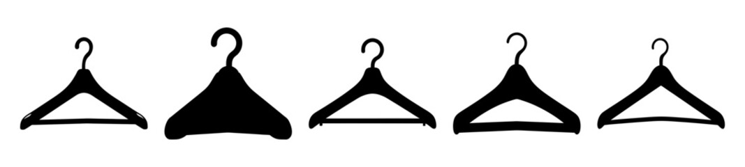 Five hangers depicted in black silhouette on white background show wardrobe options