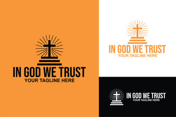 Straight path to the heaven Christian catholic cross with sunburst in the top of upstairs logo design vector illustration