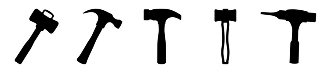 Silhouettes of various hammer types and construction tools in black and white