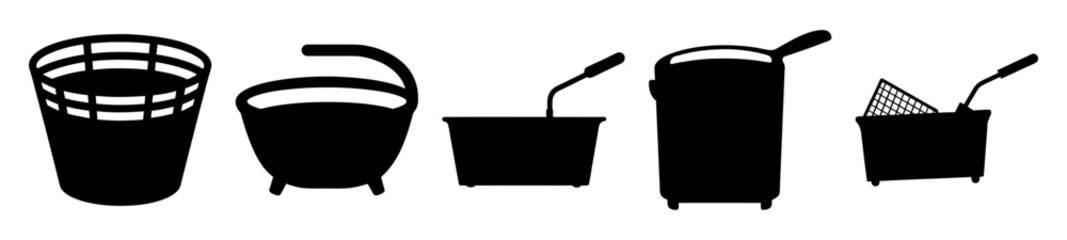 Collection of various deep fryer baskets and deep frying machines silhouettes