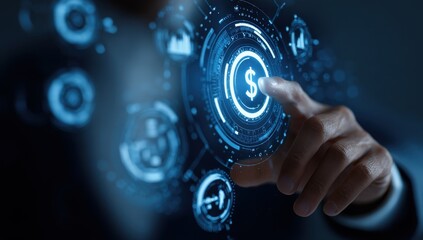 Hand interacting with holographic financial data