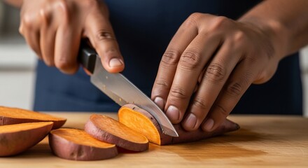 Slicing sweet potato: Close-up of hands cutting fresh sweet potato on wooden board