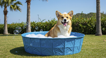 Smiling Corgi Dog Enjoys Bubble Bath in Outdoor Kiddie Pool with Palm Trees