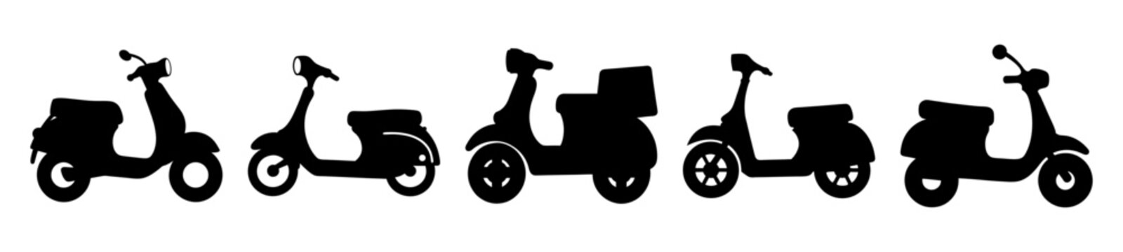Black silhouette illustration featuring a variety of different scooter designs
