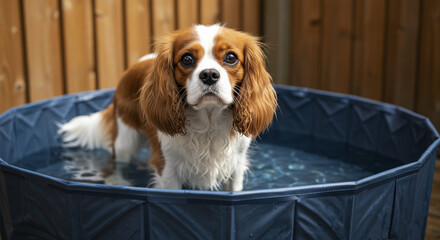 Cavalier King Charles Spaniel Dog Cooling in a Dark Blue Swimming Pool