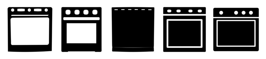 Five different stylized illustrations of stoves and ovens against a white background