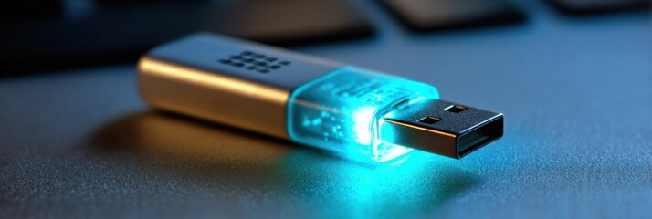 Phishing Malware USB Drive on Glowing Desktop With Open Casing Revealing Internal Components