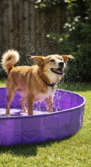 Dog Standing in Purple Outdoor Collapsible Pool with Splashing Water