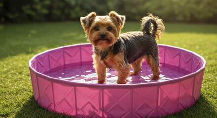 Small Yorkshire Terrier Puppy Standing in a Pink Pool on Green Lawn