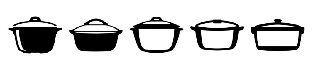 Stylized black and white illustration of five cooking pots with varying shapes