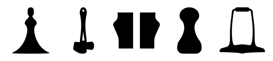 Black and white silhouettes of various shapes arranged in a horizontal line