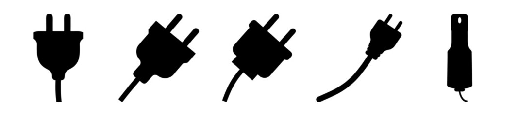 A diverse collection of silhouette electrical plugs with different styles and shapes
