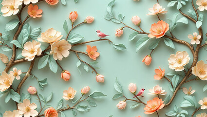 Exquisite floral arrangement of blooming peach flowers and birds on a soft teal background