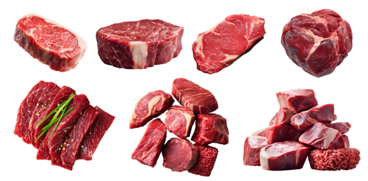 Set of fresh raw red meat, steak beef pork lamb tartare wagyu tenderloin, sliced halved pile ground minced isolated on transparent cutout PNG file. Many different cut. Mockup template for design