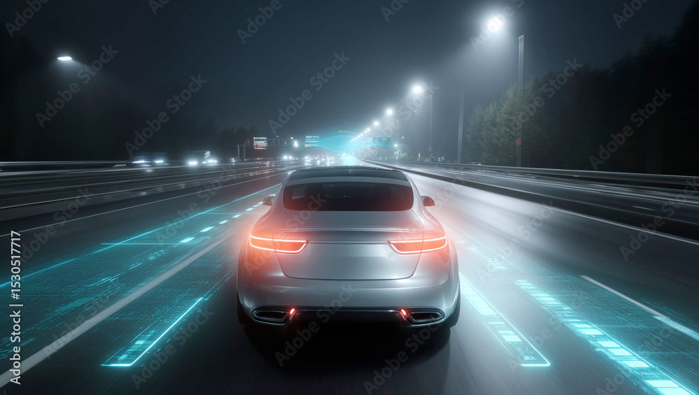 Poster a modern silver car drives along illuminated lanes on a highway at night. digital elements display t