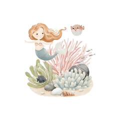 Cute mermaid with puffer fish on background seabed with coral, plants, stones and small fishes. Watercolor hand-drawn isolated childish cartoon illustration.