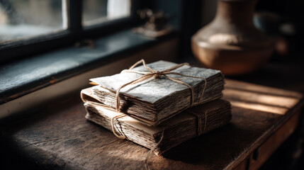 Handcrafted recycled paper journals on a vintage wooden table, with a cozy natural light coming through a window