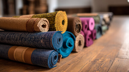 Eco-friendly yoga props made from recycled materials, arranged neatly in a serene yoga studio with wooden floors