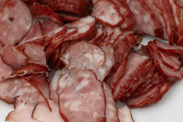 Close-up of thinly sliced ​​sausage