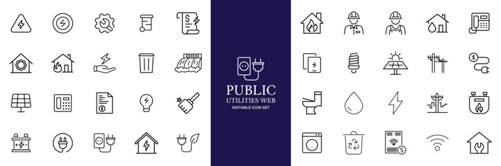 Public utilities web icons line set. Public Utilities Water, Fuel, Electricity, gas, garage, Solar House, Rent receipt, Maintainence, and More vector illustration