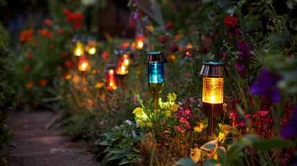 Solar powered camping lanterns set out in a quiet wooded area against a calm sunset backdrop.