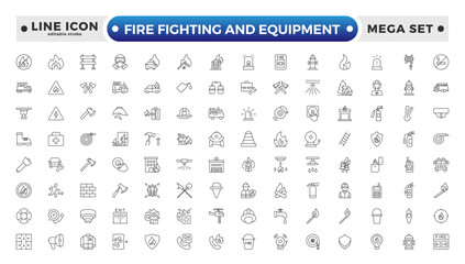 fire fighting and equipment outline Icon Set. Firefighters, Extinguishers, Alarms, and Rescue Vector Icons. Editable stroke outline icon.
