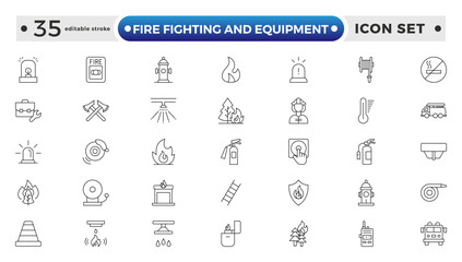 fire fighting and equipment outline Icon Set. Firefighters, Extinguishers, Alarms, and Rescue Vector Icons. Editable stroke outline icon.
