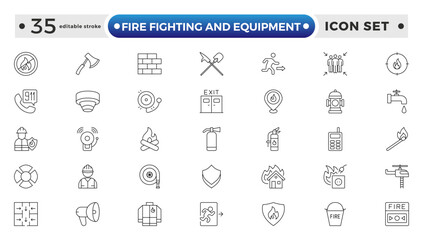 fire fighting and equipment outline Icon Set. Firefighters, Extinguishers, Alarms, and Rescue Vector Icons. Editable stroke outline icon.
