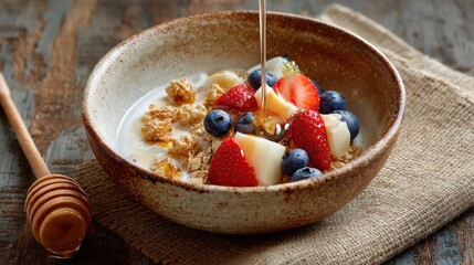 A bowl of cereal with fruit and honey drizzled on top. The bowl is on a table with a wooden spoon next to it
