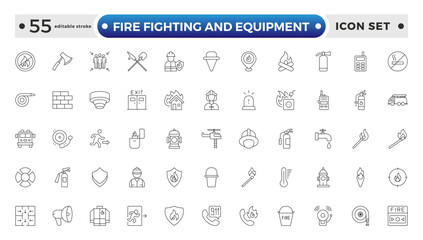 fire fighting and equipment outline Icon Set. Firefighters, Extinguishers, Alarms, and Rescue Vector Icons. Editable stroke outline icon.
