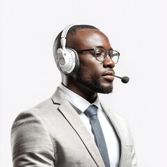Handsome black man in suit with headset for customer service or it support professional portrait studio shot