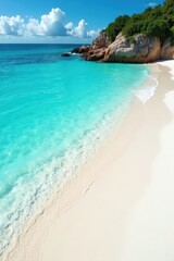 Fototapeta premium Crystal-clear turquoise water laps a pristine white sand beach , sun, sunsets