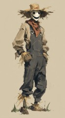 Fototapeta premium A scarecrow character stands confidently, dressed in dark overalls and a straw hat, with a cheerful skull face. The relaxed pose suggests a playful rural atmosphere