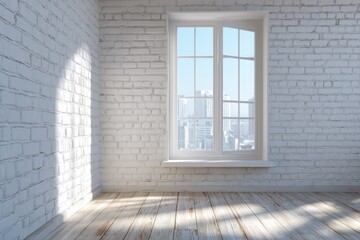 Empty room with large window, bright sunlight, white brick walls, light wooden floor