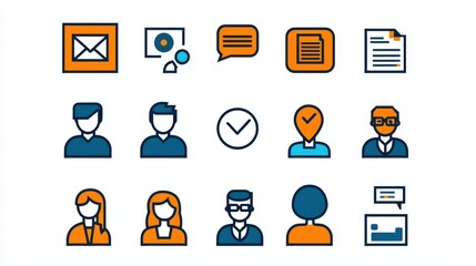 A set of icons representing various aspects of business technology communication and office management including email chat documents schedules team more