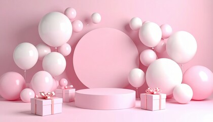 Celebration setup with pink balloons and gifts studio space digital artwork festive atmosphere aesthetic viewpoint party concept