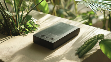 A sleek modern solar-powered portable charger with a minimalist design, placed on a table with greenery and sunlight filtering through leaves