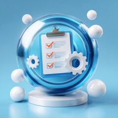 A transparent glass sphere containing a checklist or survey form reflecting a blue sky with white spheres symbolizing the importance of data analysis evaluation