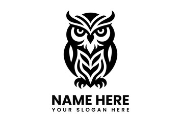 Stylized black silhouette vector logo of a wise owl with intense eyes and sharp features representing knowledge and nature