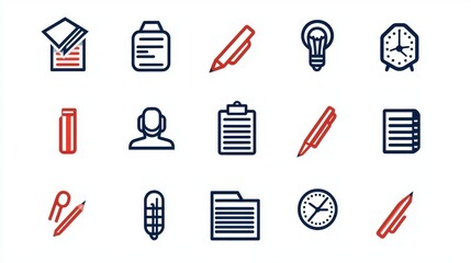 A collection of icons depicting various office and business related elements such as documents writing tools schedules and task management tools