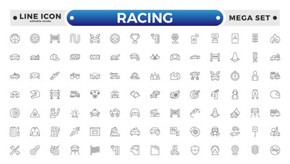 Motor Racing and Sport Car outline Icon Set. Formula 1, Speed, Pit Stop, automotive, race, automobiles, competition, championship, flag, wheel, medal, helmet, car. Editable stroke outline icon.