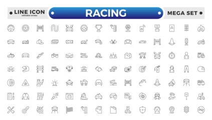 Fotobehang F1 Motor Racing and Sport Car outline Icon Set. Formula 1, Speed, Pit Stop, automotive, race, automobiles, competition, championship, flag, wheel, medal, helmet, car. Editable stroke outline icon.  © artshuvo