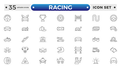 Motor Racing and Sport Car outline Icon Set. Formula 1, Speed, Pit Stop, automotive, race, automobiles, competition, championship, flag, wheel, medal, helmet, car. Editable stroke outline icon.
