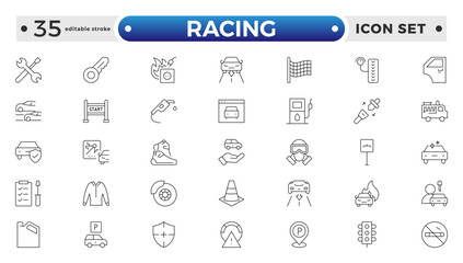 Motor Racing and Sport Car outline Icon Set. Formula 1, Speed, Pit Stop, automotive, race, automobiles, competition, championship, flag, wheel, medal, helmet, car. Editable stroke outline icon.
