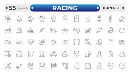 Motor Racing and Sport Car outline Icon Set. Formula 1, Speed, Pit Stop, automotive, race, automobiles, competition, championship, flag, wheel, medal, helmet, car. Editable stroke outline icon.