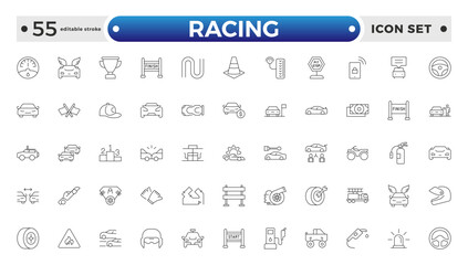 Motor Racing and Sport Car outline Icon Set. Formula 1, Speed, Pit Stop, automotive, race, automobiles, competition, championship, flag, wheel, medal, helmet, car. Editable stroke outline icon.