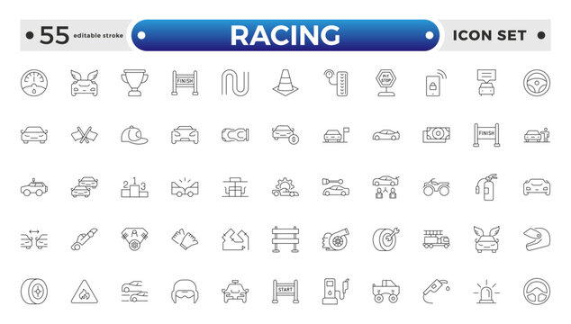Motor Racing and Sport Car outline Icon Set. Formula 1, Speed, Pit Stop, automotive, race, automobiles, competition, championship, flag, wheel, medal, helmet, car. Editable stroke outline icon.